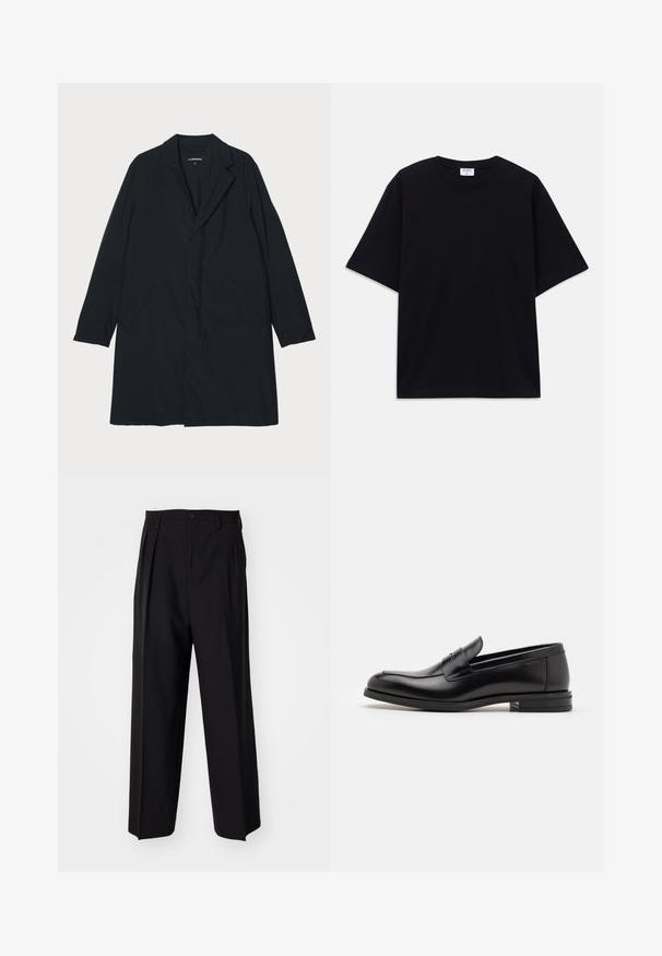 Abrigo largo negro con cuello de muesca, hecho de material ligero, con bolsillos laterales y una silueta recta. Textura suave, diseño minimalista.; Camiseta oversized de manga corta en negro con escote redondo y etiqueta de la marca Filippa K visible en el interior del cuello.; Pantalones negros plisados con un diseño recto y de pierna ancha. Fabricados en una tela suave, presentan un cierre de botón y trabillas para el cinturón.; Mocasines de cuero negro con una textura suave, puntera redondeada y una tira decorativa en el empeine. Tacón bajo apilado, diseño minimalista.