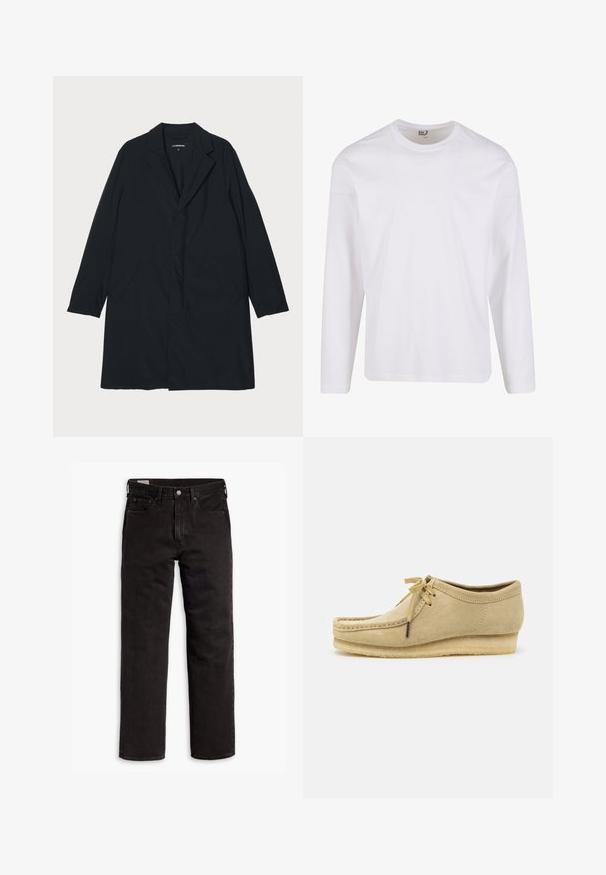 Melns garš mētelis ar izgrieztu apkakli, izgatavots no viegla materiāla, ar sānu kabatām un taisnu siluetu. Gluda tekstūra, minimālistisks dizains.; Balts garās piedurknes T-krekls, izgatavots no maigas kokvilnas, ar apaļu kakla izgriezumu un vienkāršu, bezšuvju dizainu bez grafiskām apdrukām vai rotājumiem.; Melnas taisnās kājas džinsu bikses ar piecām kabatām, pogu aizdari un jostas cilpām, izliktas uz balta fona.; Bēša zamšādas kurpe ar auklām, ar šuvju detaļām un gumijas zoli. Forma ir ikdienas, ar nedaudz paceltu papēdi.