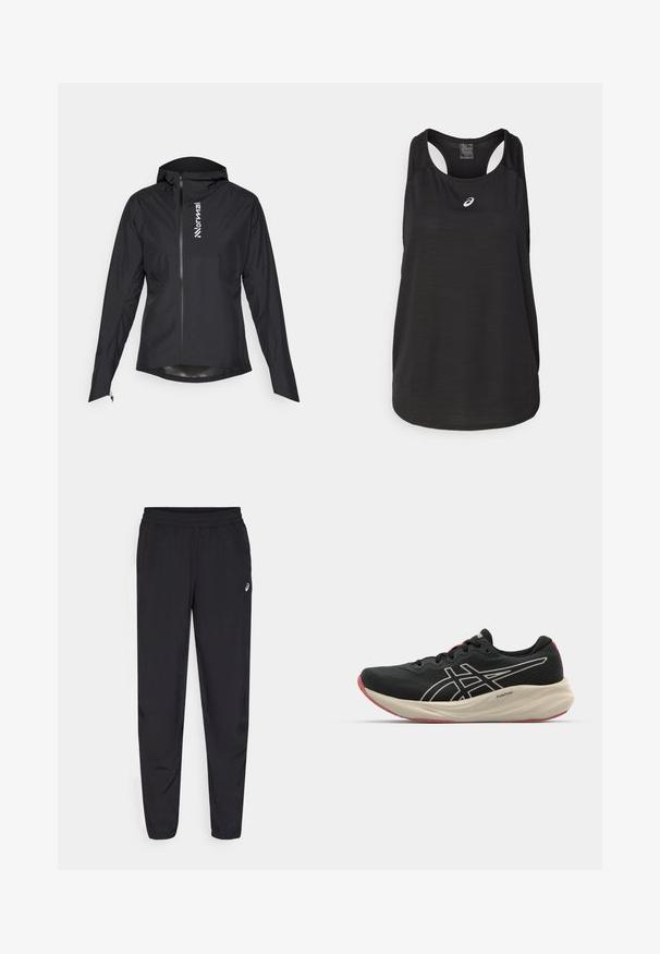 Zwarte lichte jas met een ritsluiting, kap en elastische manchetten, met een logo aan de linkerkant en een zachte, waterafstotende stof.; Zwarte sportieve tanktop van lichtgewicht stof. Heeft een ronde halslijn, racerback ontwerp en een klein wit logo op de voorkant.; Zwarte sportbroek met een elastische tailleband, taps toelopende pijpen met boorden, gemaakt van een lichtgewicht, soepele stof, en een klein logo op de dij.; Zwarte hardloopschoen met een bovenwerk van mesh en witte accenten. Beschikt over een gewatteerde tussenzool en rode details op de buitenzool. Lichtgewicht ontwerp.