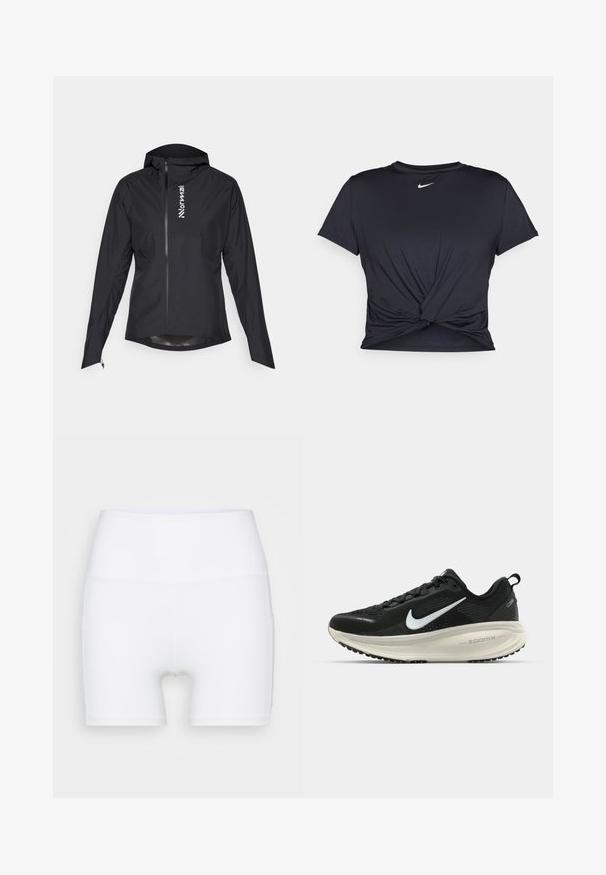 Jaqueta leve preta com fecho de correr, capuz e punhos elásticos, apresentando um logotipo no lado esquerdo e um tecido liso e resistente à água.; T-shirt atlético preto feito de tecido liso, apresentando um design frontal com nó e um pequeno logótipo branco da Nike no peito.; Calções brancos de cintura alta feitos de tecido elástico. Apresentam uma textura suave e um design justo, sem padrões ou acessórios adicionais.; Sapatilha de corrida Nike preta com parte superior de malha respirável, logotipo Swoosh branco, detalhes texturizados e uma entressola ZoomX na cor creme.