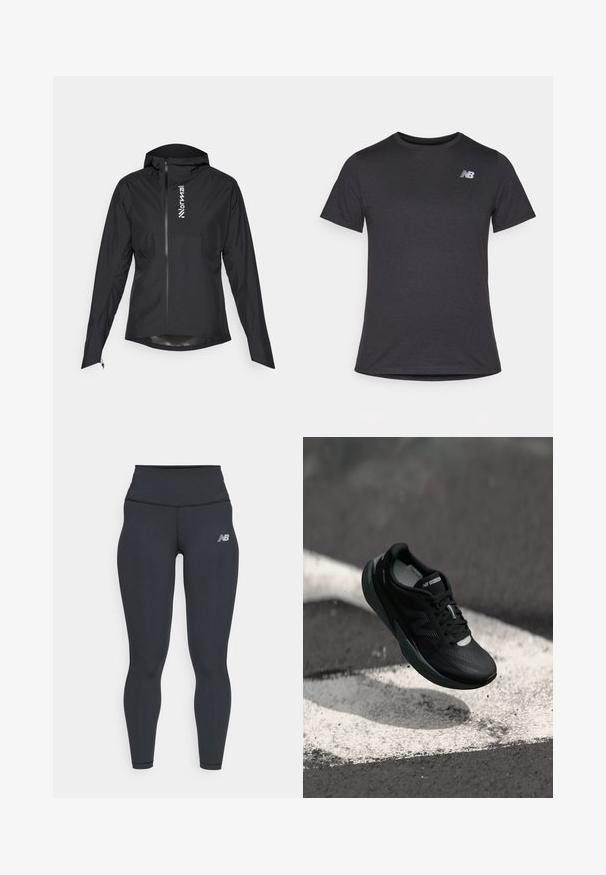 Zwarte lichte jas met een ritsluiting, kap en elastische manchetten, met een logo aan de linkerkant en een zachte, waterafstotende stof.; Zwarte korte mouwen t-shirt van zacht materiaal, met een klein grijs New Balance-logo op de bovenste linkerborst, klassieke ronde hals ontwerp.; Zwarte sportieve leggings met een hoge tailleband, met een gladde textuur en een klein wit New Balance-logo op de bovenbeen.; Zwarte hardloopschoen met een gestructureerde bovenkant, slank ontwerp en reflecterende accenten. Heeft een zachte, gevoerde zool voor comfort.