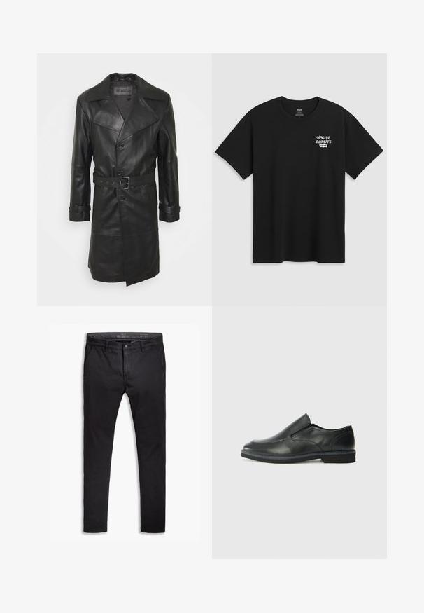 STUDIO ID CHRISTIAN - Gabardina - black; T-shirt preta de algodão com uma impressão no peito que diz "PLANTAS DE CASA" em letras brancas estilizadas com "Levi's" abaixo. Gola clássica em crew.; Chinos pretos de algodão com um corte afunilado, apresentando cinco bolsos, passantes para cinto e uma textura suave. Fecho com zíper e botão.; Sapato slip-on preto em pele com um upper liso, acabamentos cosidos, bico arredondado e um salto de borracha baixo. A sola apresenta um padrão de aderência mínimo.