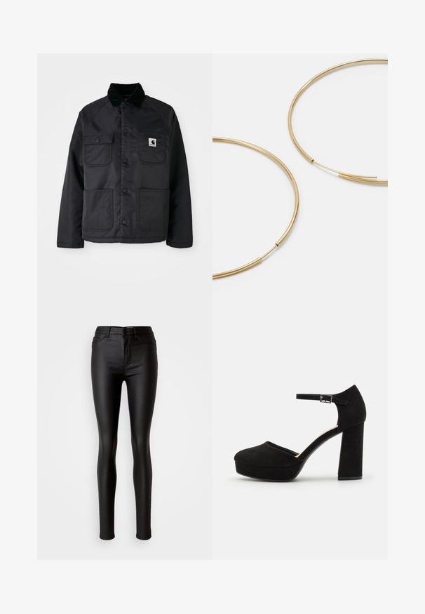 Giubbotto trapuntato nero con colletto in velluto, dotato di due tasche frontali, bottoni a pressione e una patch con logo bianco sul petto sinistro.; Top nero a spalla singola con sovrapposizione trasparente arricciata lungo il collo, realizzato in tessuto leggero con una texture morbida.; Jeans skinny neri in ecopelle con una consistenza liscia, vita alta, chiusura con bottone e design tradizionale a cinque tasche.; Scarpe con tacco a piattaforma nere in suede, dotate di un spesso tacco a blocco, punta arrotondata e cinturino alla caviglia fissato da una fibbia in metallo. Texture liscia su tutta la superficie.; Orecchini a cerchio color oro, sottili e rotondi, con una finitura metallica liscia e senza decorazioni o motivi.; Portafoglio in pelle nera con pattina a pieghe, accessori dorati, con un logo decorativo. Include una tracolla staccabile per il trasporto.