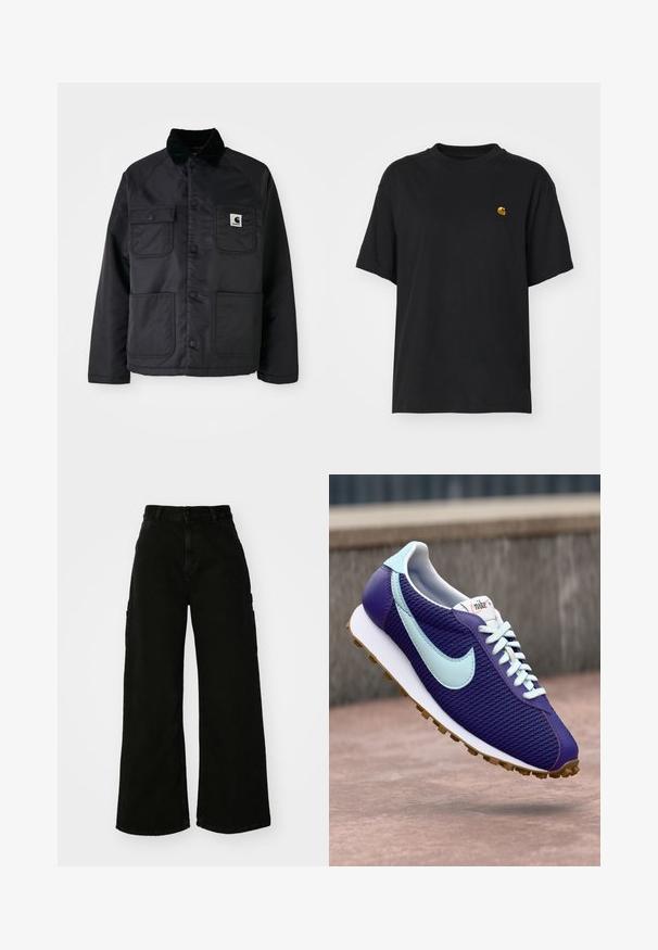 Black quilted jacket with a corduroy collar, featuring two front pockets, snap buttons, and a white logo patch on the left chest.; Black cotton t-shirt with a relaxed fit. Features a round neck and short sleeves. Includes a small gold embroidered logo on the chest.; Black wide-leg cargo pants made of denim, featuring a high waist, front button closure, and side pockets. Smooth texture with minimal stitching.; Purple Nike sneaker with light blue swoosh, white laces, and gum sole, shown hovering above a concrete surface outdoors.