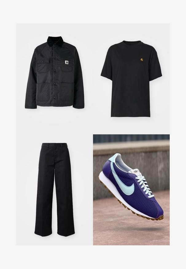 Must mustrida jope, millel on puuvillane krae, kaks esikotti, nupud ja valge logo silt vasakul rinnal.; Must must särk lõdva lõikega. Omab ümmargust kaelust ja lühikesi varrukaid. Rinnal on väike kuldne tikandiga logo.; Mustad laiad püksid, mis on valmistatud pehmest puuvillakangast. Omab klassikalist vöökohta, küljetaskuid ja sirget lõike püksijala lõpus.; Lilla Nike ketsju, millel on helesinine Swoosh, valged paelad ja kummi tallad, näidatud betoonpinna kohal õues hõljuvana.