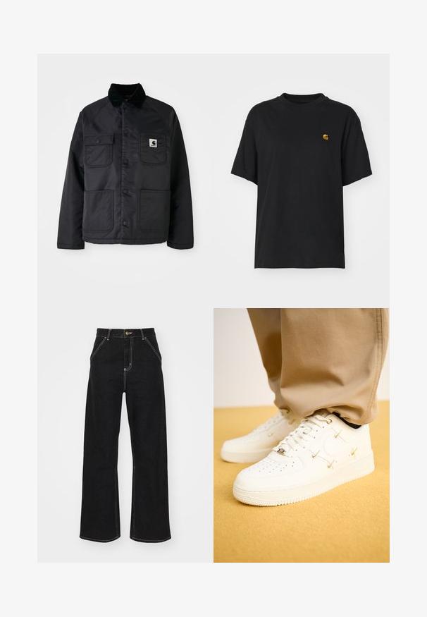 Czarna pikowana kurtka z kołnierzem z materiału sztruksowego, posiadająca dwie przednie kieszenie, zatrzaskowe guziki oraz białą naszywkę z logo po lewej stronie klatki piersiowej.; Czarna bawełniana koszulka z luźnym krojem. Posiada okrągły dekolt oraz krótkie rękawy. Zawiera małe złote haftowane logo na piersi.; Czarne dżinsy o szerokich nogawkach, wykonane z denimu, z kontrastowym białym szwem i zapięciem na guzik z przodu, posiadające dwie ukośne kieszenie z przodu.; Białe skórzane sneakersy z perforowanym noskiem, złotymi akcentami i płaskimi sznurowadłami, zestawione z beżowymi spodniami na teksturowanej żółtej powierzchni.