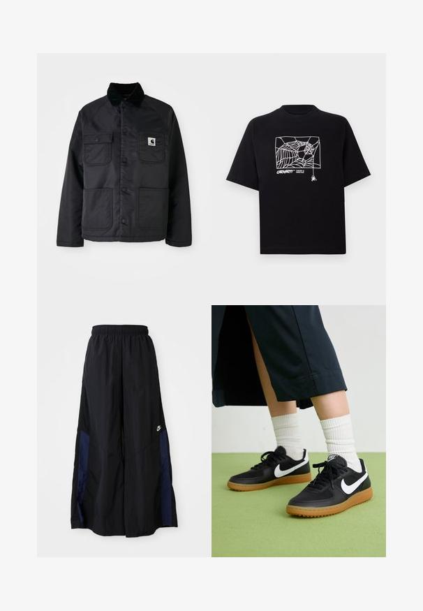 Juodas siuvinėtas švarkas su džinsinio audinio apykakle, turintis dvi priekinės kišenes, spaudžiamus mygtukus ir baltą logotipo pleistrą kairiajame krūtinės kampe.; Juodas medvilnės marškinėliai su trumpomis rankovėmis. Priekyje yra balta voratinklio grafika ir logotipas. Paprastas apvalus iškarpymas.; Juodos plačios kojų kelnės, pagamintos iš lengvos medžiagos, su tamsiai mėlyna šonine juostele ir elastinga juosmens juosta. Maža balta logotipo etikete apačioje.; Juodos odinės ir sintetinių medžiagų sportbačiai su balta Nike swoosh, guminis padas, apvalus pirštas ir juodi raišteliai. Matomos banguotos baltos kojinės.