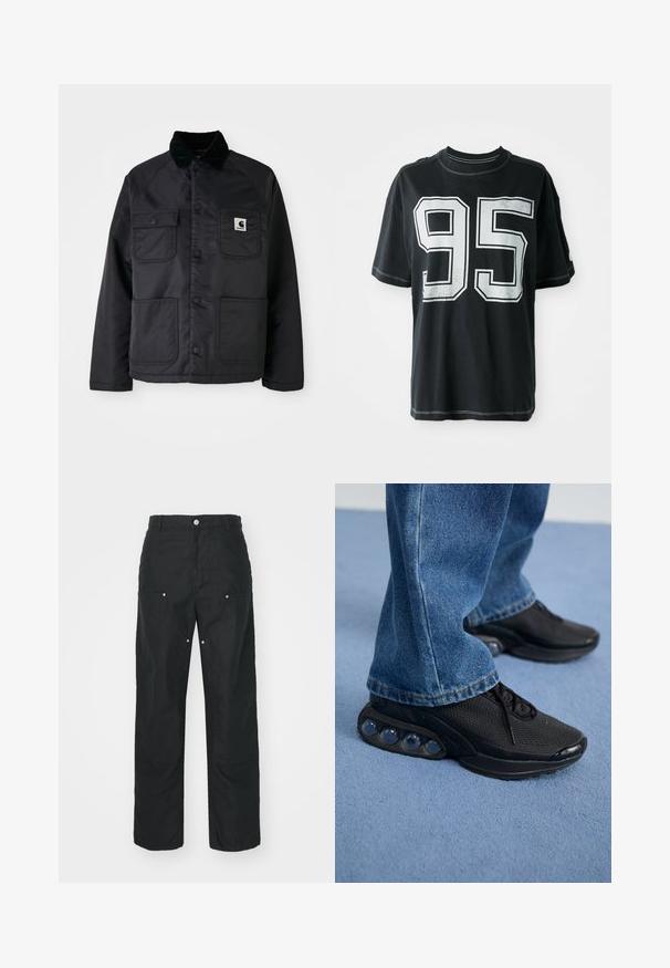 Giubbotto trapuntato nero con colletto in velluto, dotato di due tasche frontali, bottoni a pressione e una patch con logo bianco sul petto sinistro.; T-shirt di cotone nero con maniche corte, caratterizzata da un numero "95" stampato in bianco sul davanti e cuciture a contrasto lungo i bordi.; Pantaloni neri con design a gamba dritta, realizzati in un tessuto texturizzato. Presentano dettagli decorativi in argento e una cucitura unica.; Scarpe da ginnastica nere con tomaia in rete, dettagli testurizzati e pod di ammortizzazione visibili nella suola. Indossate con jeans in denim blu.