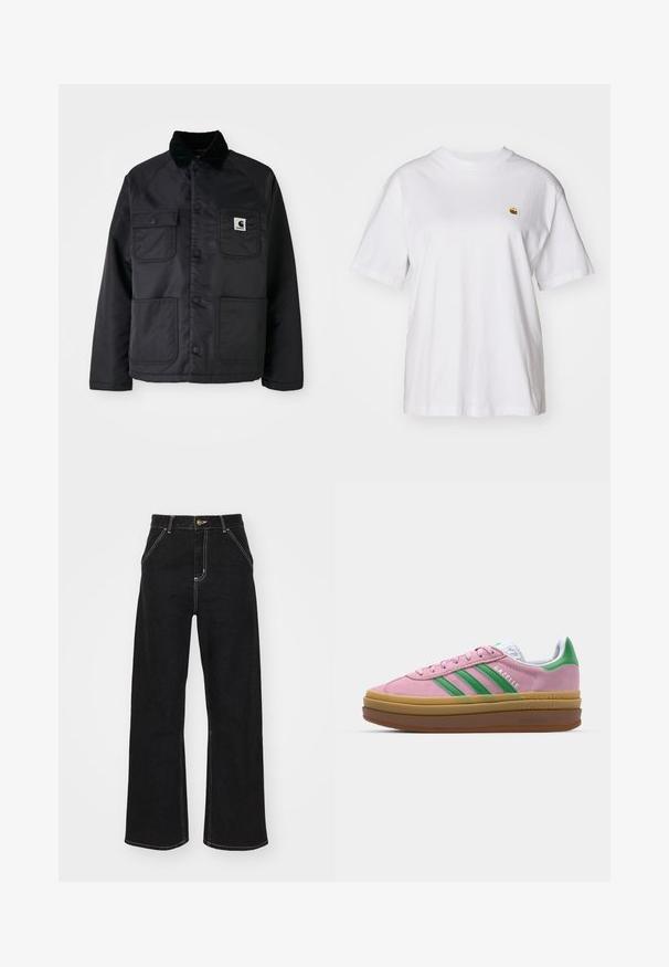 Must mustrida jope, millel on puuvillane krae, kaks esikotti, nupud ja valge logo silt vasakul rinnal.; Valge puuvillane T-särk, millel on lõdva lõikega, lühikesed varrukad ja väike broderi logo vasakul rinnakarpi.; Mustmustest mustadest denimist, millel on kontrastsed valged õmblused ja esine nupp, kahe nurga all asuva esipocketiga.; Roosa nahast tossud roheliste triipude, valgete aktsentide ja pruuni kummitaldiga. Omavad tekstuuriga kangast ja logo detaile külgedel.