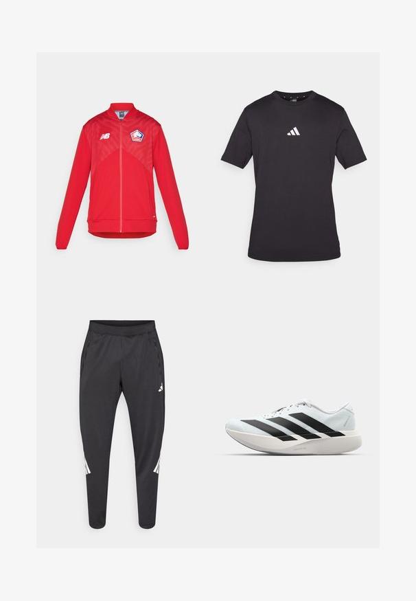 Sarkans ražots ar rāvējslēdzēju, ar sietu augšējo paneļu, elastīgu apakšmalu un piedurknēm. Ar New Balance logo un Lille OSC emblēmu uz krūtīm.; Melns īsās piedurknes T-krekls, kas izgatavots no kokvilnas, ar baltu Adidas logo uz krūtīm, apaļu kakla izgriezumu un standarta piegriezumu.; Melnas sporta bikses ar šaurākiem galiem, elastīgu jostasvietu, sānu kabatām, kā arī baltu logo un svītru detaļām. Izgatavotas no gluda, viegla materiāla.; Gaiši zili vieglie skriešanas apavi ar melniem svītrainiem. Iezīmēti ar gludu augšpusi, apaļu purngalu un biezāko balto vidējo zoli, kurā ir uzraksts "LIGHTSTRIKE PRO."