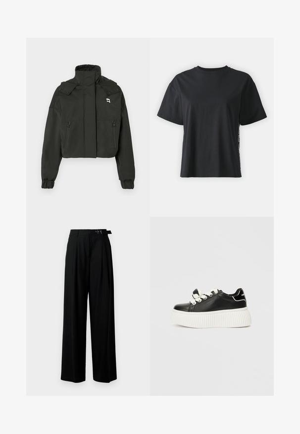 Juodas trumpas švarkas su aukštu apykakle, dviem užtrauktuku uždarytomis priekinių kišenėmis, elastingomis rankovėmis ir mažos logotipo akcentu ant viršutinio krūtinės.; Juoda trumpomis rankovėmis medvilninė marškinėliai su laisvu siluetu ir kontrastine šonine juostele, kurioje yra mažas tekstas ir dizaino detalės.; Juodos plačios kojų kelnės su aukštu liemeniu, priekinėmis klostėmis ir diržu su sagtimi. Pagamintos iš lygaus, lengvo audinio.; Juodas odinis sportinis batelis su storu baltu guma, puikiai tinkančia, turintis baltas raišteles ir dekoratyvinį kaspiną ant liežuvio.