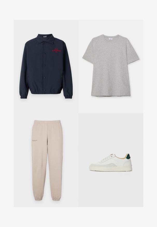Marineblå vindjakke laget av glatt stoff, med knapplukking foran, elastiske håndledd og rødt "GYMNASIUM EAZ" broderi på brystet.; Grå kortermet T-skjorte laget av myk, teksturert stoff. Har en klassisk rund hals og en rett kant, passende for uformell bruk.; Beige joggebukser laget av myk stoff, med elastisk midje og mansjetter, og en liten trykt tekstdetalj på venstre bein.; Hvit sneakers med semsket detaljer, rund tå, flate snøringer og en kremfarget gummisåle. Har grønn merking på hælen.