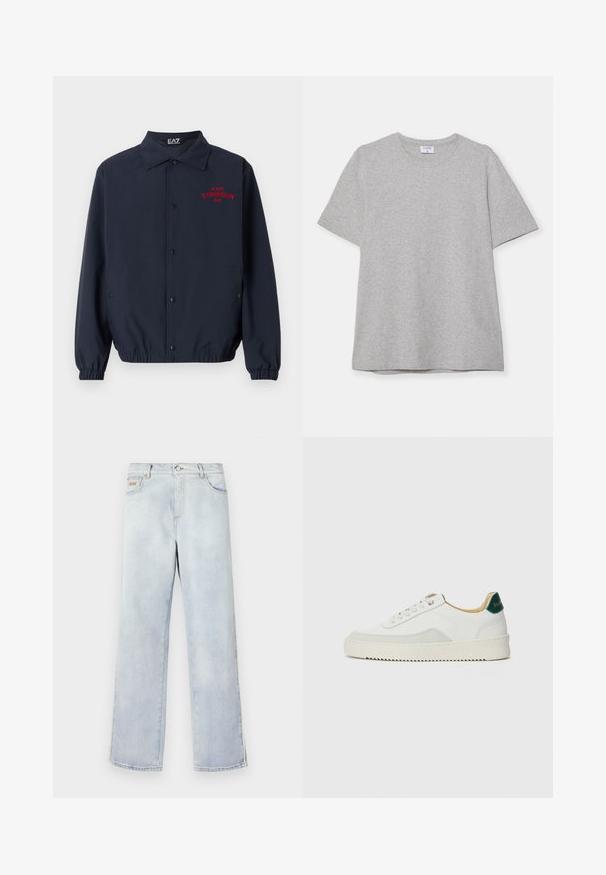 Tamsiai mėlynas vėjo atsparus džemperis, pagamintas iš lygaus audinio, su sagų priekyje, elastinėmis rankovėmis ir raudonu "GYMNASIUM EAZ" siuvinėjimu ant krūtinės.; Pilkas trumpas rankovėmis marškinėliai, pagaminti iš minkštos, tekstūruotos medžiagos. Turi klasikinį apvalų kaklą ir tiesų apatinį kraštą, tinkamą kasdieniam dėvėjimui.; Šviesiai mėlynos džinsinės kelnės su tiesia kojų forma, pasižyminčios mygtuko uždarymu, penkiais kišenėmis ir kontrastine siūle.; Baltos sportbačiai su zomšos akcentais, apvaliu nosiu, plokščiais raišteliais ir kreminės spalvos guminiu padu. Ant kulno yra žalia ženklinimo detalė.