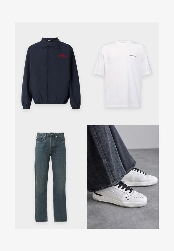 Μπλε αέρινο μπουφάν από λείο ύφασμα, με κουμπιά στο μπροστινό μέρος, ελαστικούς καρπούς και κόκκινη κεντημένη επιγραφή "GYMNASIUM EAZ" στο στήθος.; Λευκό κοντομάνικο μπλουζάκι από βαμβάκι με V-λαιμό, διαθέτει μαύρο λογότυπο "FILLING PIECES" τυπωμένο στην αριστερή πλευρά.; Σκούρο μπλε τζιν παντελόνι με σχέδιο ευθείας γραμμής, που διαθέτει πέντε τσέπες, κλείσιμο με κουμπί και αντίθετες ραφές.; Λευκά αθλητικά παπούτσια με μαύρες κορδόνες και πλέγμα λεπτομέρειας. Διαθέτουν λείο δερμάτινο επάνω μέρος και υφή από καουτσούκ στη σόλα. Συνδυάζονται με γκρι παντελόνια φαρδιάς γραμμής.
