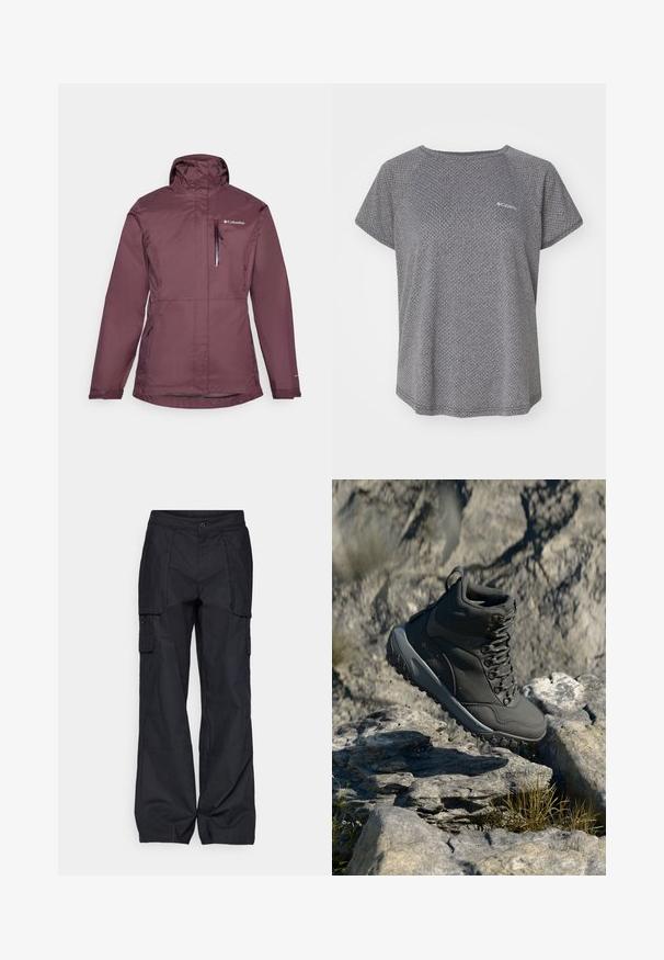 Burgundska vodoodporna jakna z visokim ovratnikom, sprednjim zadrgo in nastavljivo kapuco. Ima dve stranski žep in en prsni žep z zadrgo.; Siva majica s kratkimi rokavi z diskretnim teksturiranim vzorcem, okroglim izrezom in Columbia logotipom na prsih. Mehka tkanina, sproščen kroj.; Columbia BREA FALLS™ COTTON RIPSTOP PANT - Hlače za na prostem - black; Temno sivi pohodna čevlja iz sintetičnega materiala, z oblazinjenim ovratnikom, kovinskimi očesi in teksturirano gumijasto podplato za oprijem.