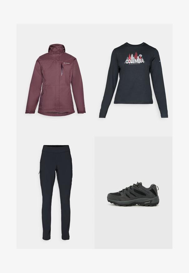 Bordo vodootporna jakna s visokim ovratnikom, prednjim zipom i podesivim kapuljačom. Ima dva bočna džepa i džep na prsima s zatvaranjem na zip.; Majica dugih rukava tamnosive boje s grafikom crvenih drveća i planina; logo "COLUMBIA" u podebljanom bijelom tekstu. Mekana tkanina, standardni okrugli izrez.; Crne atletske hlače Slim fit kroja, s elastičnom sredinom i bočnim džepom sa zatvaračem. Glatka, rastezljiva tkanina s minimalnim šavovima.; Columbia REDMOND - Obuća za pješačenje - black/citron haze