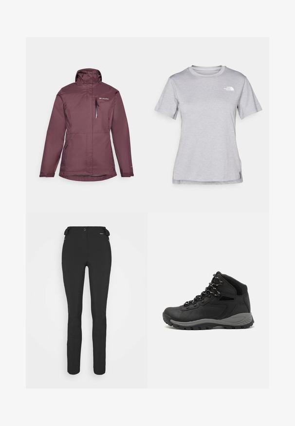 Bordått vanntett jakke med høy krage, frontglidelås og justerbar hette. Har to sidelommer og en brystlomme med glidelås.; Grå kortermet t-skjorte laget av myk, fukttransporterende stoff. Har en rund hals og en liten hvit logo på øvre venstre side.; Svart, tettsittende bukser laget av et fleksibelt materiale. Funksjoner inkluderer en glidelåslukket sidelomme, artikulerte knær og en glatt tekstur.; Sorte turstøvler med mid-topp design, som har en teksturert overdel, grå detaljer og slitesterk gummisåle med godt grep.
