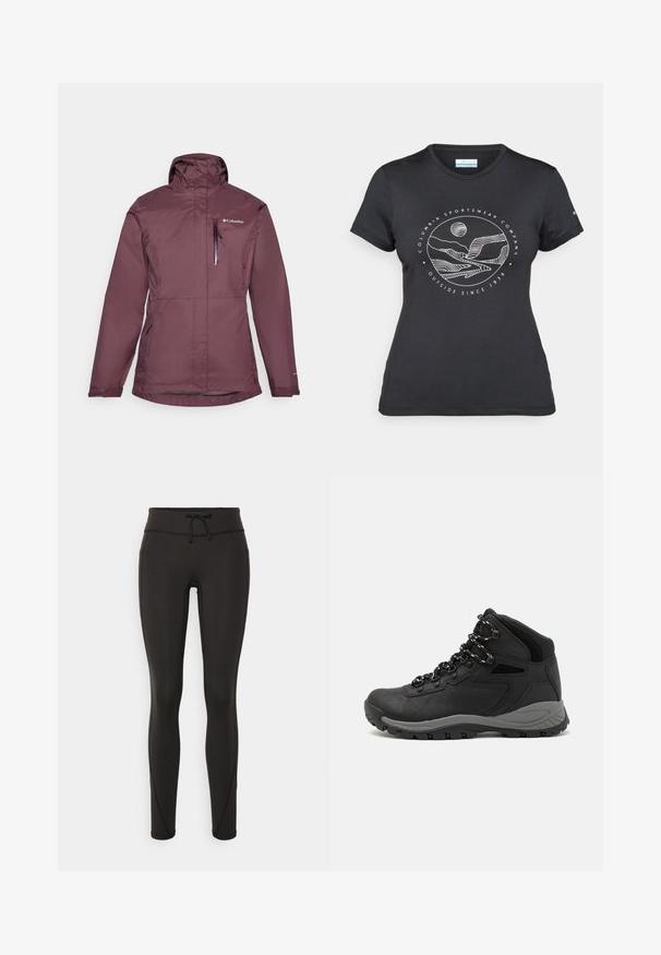 Giacca impermeabile color borgogna con collo alto, zip frontale e cappuccio regolabile. Presenta due tasche laterali e una tasca sul petto con chiusura a zip.; Maglietta nera Columbia con arte lineare bianca di una montagna circolare e un fiume, e il testo "Columbia Sportswear Company Outside Since 1938."; Leggings neri con vita alta, cordino, texture liscia e design aderente. Presentano dettagli di cucitura lungo i lati.; Stivale da trekking nero con design a metà altezza, dotato di una tomaia texturizzata, accenti grigi e suola in gomma resistente con tasselli per la trazione.