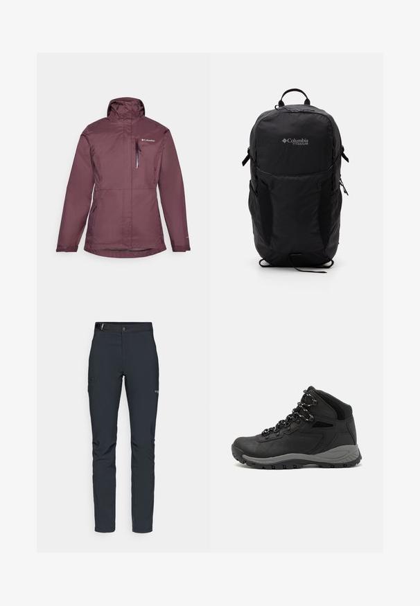 Bordeauxfarbene wasserdichte Jacke mit hohem Kragen, Frontreißverschluss und verstellbarem Kapuze. Sie verfügt über zwei Seitentaschen und eine Brusttasche mit Reißverschluss.; Schwarzes Columbia-T-Shirt mit weißer kreisförmiger Berg- und Fluss-Linienkunst und dem Text "Columbia Sportswear Company - Draußen seit 1938."; Herren Outdoor-Hosen, dunkelgrau, aus flexiblem Material, mit einem Gürtel, Reißverschlusstaschen und verstärkten Nähten.; Schwarzer Wanderstiefel mit einem mittelhohen Design, ausgestattet mit einer strukturierten Oberfläche, grauen Akzenten und einer robusten Gummisohle mit Profilstollen.; Schwarzer Columbia Titanium Rucksack mit glatter Stofftextur, Seitentaschen, Oberhandgriff und verstellbaren Trägern. Minimalistisches Design mit dezentem Branding.