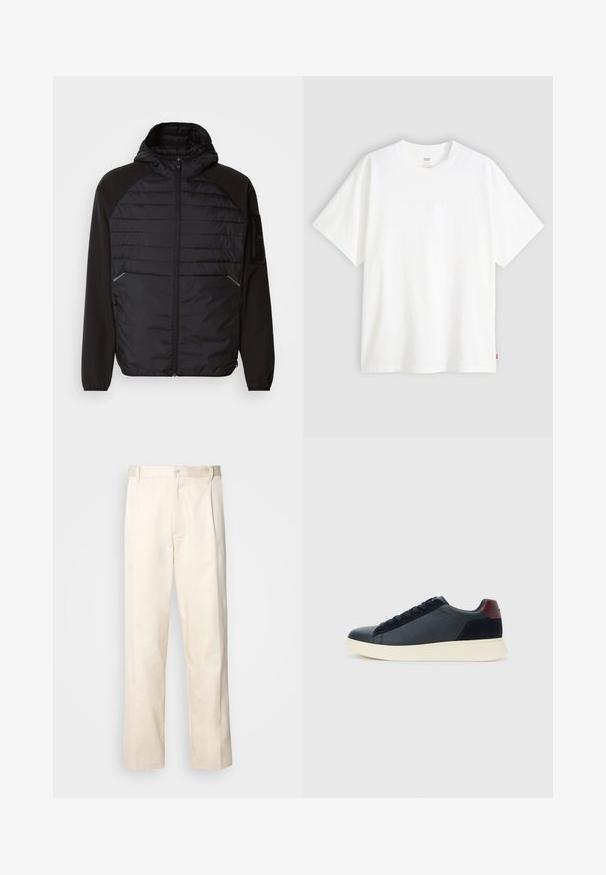 Casaco preto com capucho, apresentando um design acolchoado na parte frontal, mangas lisas e bolsos com fecho. Tecido texturizado com uma silhueta ajustada.; T-shirt branca de manga curta, feita de algodão, com decote redondo. Apresenta um discreto detalhe de logotipo em relevo na frente e uma etiqueta vermelha na bainha.; Calças de algodão bege com corte reto, apresentando um fecho de botão e pregas na frente para um detalhe adicional.; Sapatilha baixa masculina em couro preto e camurça com aba de calcanhar em amarelo-escuro e sola de borracha branca, vista do lado exterior.