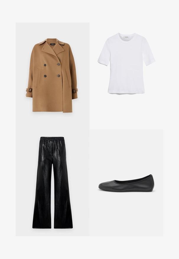 WEEKEND MaxMara ONCIA - Krátký kabát - camel; Bílá tričko s krátkým rukávem vyrobené z žebrované tkaniny. Kulatý výstřih, normální střih a jemné detaily šití. Bez vzorů nebo grafik.; Široké kalhoty vyrobené z lesklého černého materiálu s elastickým pasem. Tkanina má hladkou strukturu a mírný lesk.; Černé kožené baletní byty s kulatou špičkou, hladkou texturou, minimálními švy a flexibilním designem podrážky.