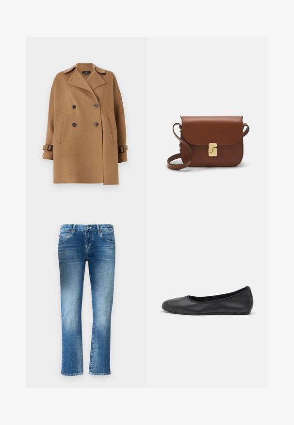 Weekend Max Mara ONCIA - Cappotto corto - camel; T-shirt bianca a maniche corte realizzata in tessuto a costine. Collo rotondo, vestibilità regolare e dettagli di cucitura sottili. Senza motivi o grafiche.; Jeans in denim azzurro chiaro con un design a gamba dritta, sfumature sottili e vita media. Presenta cinque tasche e passanti per cintura.; Pantofole da balletto nere in pelle con punta arrotondata, texture liscia, dettagli di cucitura minimi e design con suola flessibile.; Borsa a tracolla in pelle marrone con chiusura a pattina, hardware color oro, tracolla e una finitura liscia. Forma rettangolare compatta.