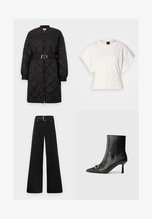Black quilted long coat with elastic cuffs, front zipper, and matching belt featuring a gold oval buckle.; White cropped T-shirt, short wide sleeves, soft cotton material, round neckline with subtle orange trim, minimal design, no patterns or graphics.; Black wide-leg trousers made from cotton, featuring a high waist, large side pockets, and a belted waist with silver hardware accents.; Black leather ankle boot with pointed toe, slim mid-height heel, and silver buckle detail on side against plain background.