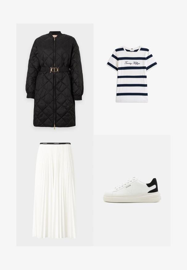 Zwarte gewatteerde lange jas met elastische manchetten, voorkant met rits en bijpassende riem met een gouden ovale gesp.; Katoenen T-shirt met horizontale marineblauwe strepen op een witte achtergrond. "Tommy Hilfiger" geborduurd in cursieve letters op de borst. Ronde hals.; Plisséminirok in het wit met een zwarte elastische tailleband met het "LACOSTE"-logo. Middellange ontwerp met een zachte textuur.; Witte leren sneakers met een dikke witte zool, zwarte suède hielaccent en een geperst logo op de zijkant. Vetersluiting met zes oogjes.