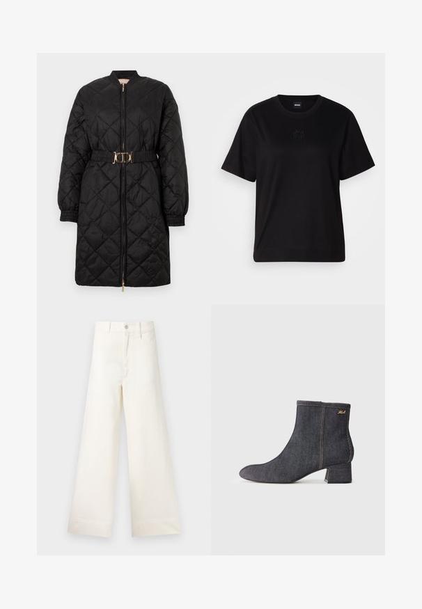 Black quilted long coat with elastic cuffs, front zipper, and matching belt featuring a gold oval buckle.; Black cotton t-shirt with a crew neckline, short sleeves, and an embroidered logo on the chest. Simple, relaxed fit with no patterns.; Wide-leg trousers in light beige cotton. Features a high waist, front pockets, and a straight cut. Clean hem finishing without patterns.; Dark denim ankle boot with a pointed toe, block heel, visible stitching, and a subtle brand logo on the side. Smooth texture.