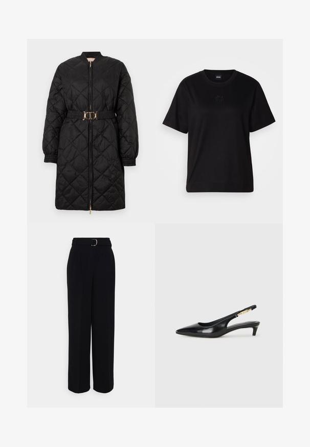 Černý prošívaný dlouhý kabát s elastickými manžetami, předním zipem a odpovídajícím páskem s zlatou oválnou sponou.; Černé bavlněné tričko s kulatým výstřihem, krátkými rukávy a vyšitým logem na hrudi. Jednoduchý, volný střih bez vzorů.; Černé kalhoty na míru s širokým střihem, s páskem se stříbrnou sponou, s plisováním a hladkou texturou látky.; Černé kožené boty na podpatku s otevřenou patou a špičatou špičkou, s tenkým podpatkem a zlatým akcentem na nastavitelném pásku. Hladký povrch.