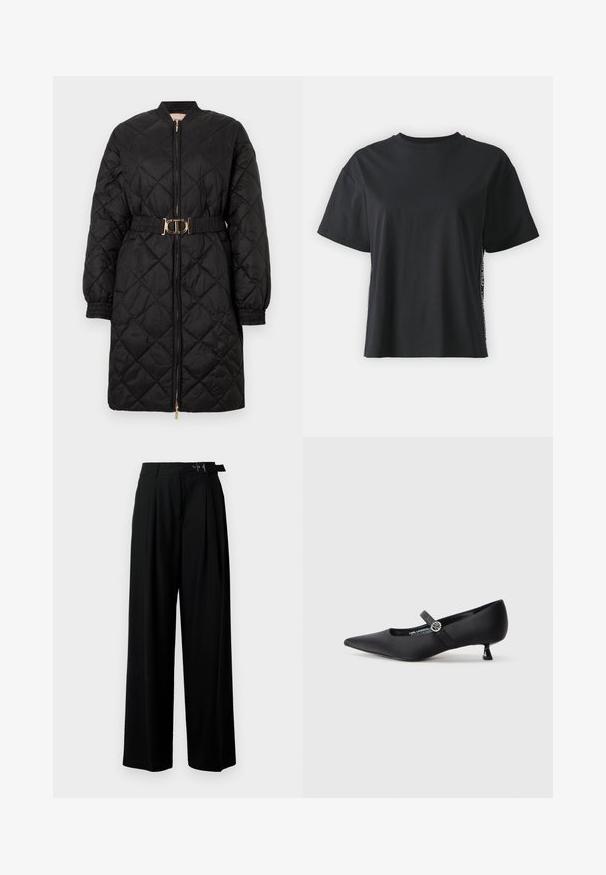 Juodas šiltas ilgas paltas su elastingomis rankovėmis, priekyje su užtrauktuku ir derančiu diržu, kuriame yra auksinė ovali sagtis.; Juoda trumpomis rankovėmis medvilninė marškinėliai su laisvu siluetu ir kontrastine šonine juostele, kurioje yra mažas tekstas ir dizaino detalės.; Juodos plačios kojų kelnės su aukštu liemeniu, priekinėmis klostėmis ir diržu su sagtimi. Pagamintos iš lygaus, lengvo audinio.; Juodos satino smailėjančio blizgumo bateliai su žemu kitten kulnu ir šonine juostele su apskritu sidabriniu akcentu. Lygi tekstūra, elegantiškas dizainas.