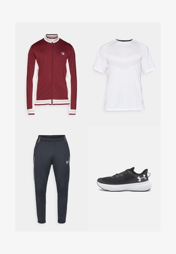 Fila JACKET BJÖRN - Sportinė striukė - cabernet/white alyssum; Balta trumpa rankovėmis sportinė marškinėliai su tekstūriniu geometriniu raštu priekyje, pagaminti iš lengvos medžiagos, su apvaliu iškirpimu ir laisvu siluetu.; Juodos sportinės kelnės, pagamintos iš lygaus audinio, su elastingu juosmeniu, susiaurėjusiomis kojomis ir baltomis šoninėmis juostelėmis. Įskaičiuota Under Armour logotipas.; Juodi sportiniai bateliai su tekstūruotu tinklo viršumi, balta amortizuojančia outsole ir juodomis raištelėmis, su ryškiu baltu logotipu ant kulno.