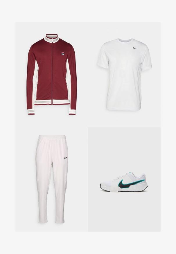 Fila JACKET BJÖRN - Trainingsjacke - cabernet/white alyssum; Weißes T-Shirt mit kurzen Ärmeln aus glattem Stoff. Verfügt über einen runden Halsauschnitt und ein kleines schwarzes Nike-Logo auf der linken Brust.; Weiße Sporthose mit elastischem Bund. Sie hat eine schmale Passform, eine glatte Textur und ein kleines schwarzes Nike-Logo auf der Vorderseite.; Weißer Sportschuh mit strukturiertem Mesh-Obermaterial, schwarzer Gummisohle und türkisfarbenem Nike-Swoosh-Akzent. Verfügt über Schnürsenkel und gepolsterten Kragen.