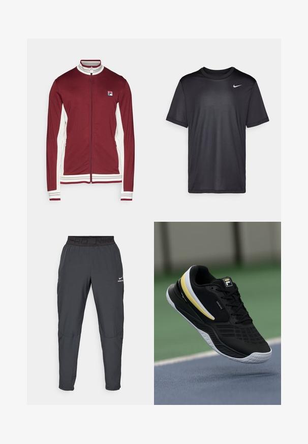 Fila JACKET BJÖRN - Chaqueta de entrenamiento - cabernet/white alyssum; Camiseta deportiva negra de manga corta, con cuello redondo, hecha de una tela suave. Presenta un pequeño logo blanco de Nike en la parte superior izquierda.; Pantalones Nike Pro en gris oscuro, con una cinturilla elástica negra que lleva el texto "PRD" y "NIKE PRO", tejido suave, diseño ajustado y detalles de costura sutiles.; Zapatilla deportiva negra con un upper texturizado, que presenta detalles en amarillo y blanco. Diseño ligero, suela acolchada y patrón intrincado en los lados.