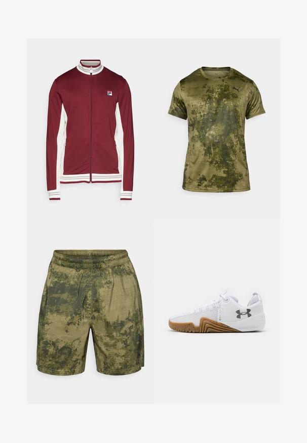 Fila JACKET BJÖRN - Verryttelytakki - cabernet/white alyssum; Lyhythihainen urheilupaita oliivinvihreänä, jossa on teksturoitu, kuvioitu pinta. Paidassa on pieni musta logo vasemmassa rintataskussa.; Vihreissä sävyissä, camouflagemallisia shortsit, jotka on valmistettu kevyestä kankaasta, jossa on joustava vyötärö ja rento istuvuus.; Valkoiset urheilukengät, joissa on verkkopinta, kumipohja gumminvärisenä, tekstiiliset yksityiskohdat ja musta logo sivussa.