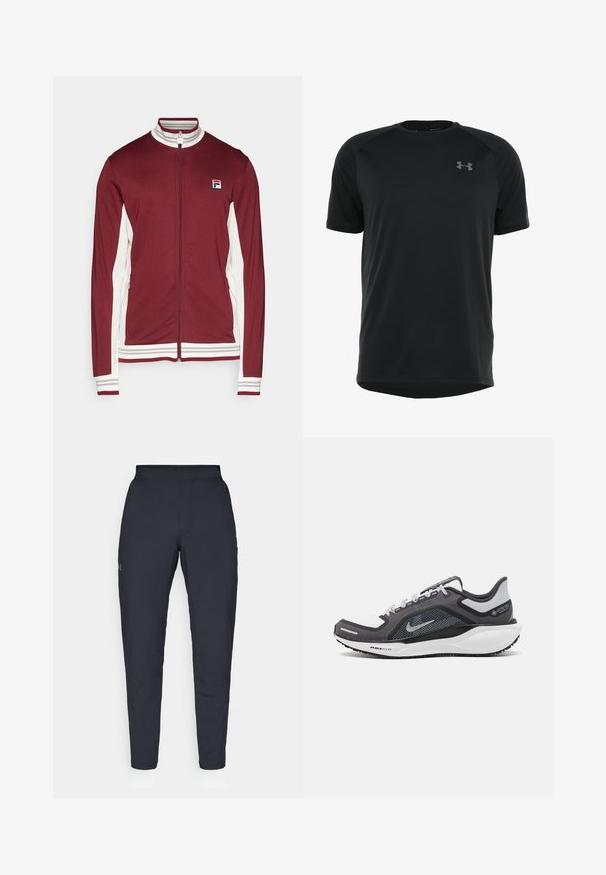 Fila JACKET BJÖRN - Tréning dzseki - cabernet/white alyssum; Fekete, rövidujjú sportpóló sima, könnyű anyagból. Kerek nyakkivágással és diszkrét logóval a mellkason.; Fekete sportnadrág sima textúrával, karcsú szabással, rugalmas derékrésszel és oldalzsebekkel. A bal combján egy kis logó található.; Fekete és szürke sportcipő, hálós felsőrésszel, fényvisszaverő részletekkel és fehér középtalppal. A talpa texturált gumiból készült, és fűzőkkel rendelkezik.