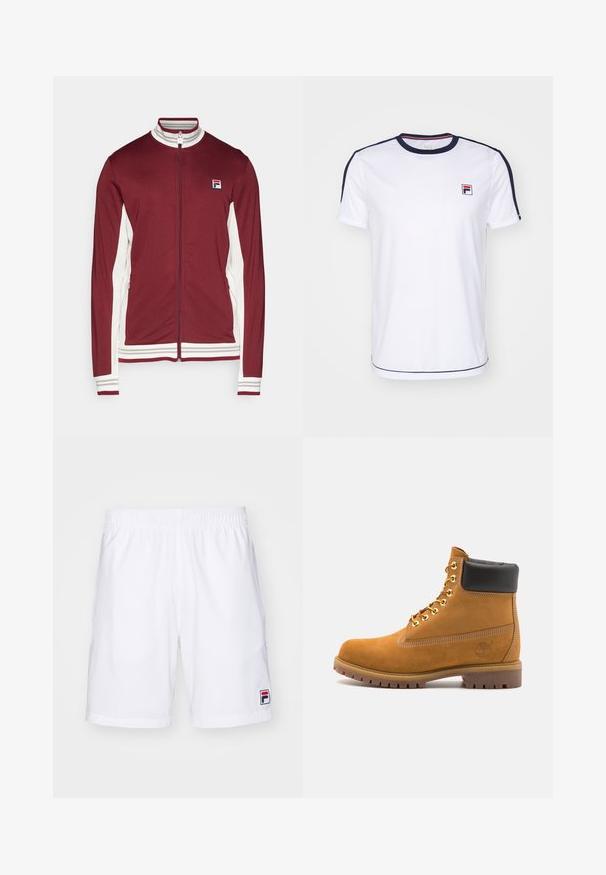 Fila JACKET BJÖRN - Træningsjakke - cabernet/white alyssum; Hvid kortærmet t-shirt lavet af åndbart stof, med marineblå detaljer på ærmerne og et lille FILA-logo på brystet.; Fila SHORTS JAKOB - Korte sportsbukser - white/navy; Tan nubuck ankelstøvle med sort polstret krave, gyldne metaløjer, hvid syning detaljer og robust gummisål med udtalte slidbaner.