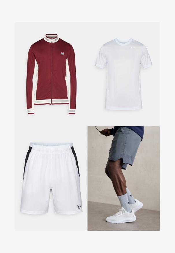 Fila JACKET BJÖRN - Training jacket - cabernet/white alyssum; Nike Performance TEE NEW VENEER - Sports T-shirt - football grey/pure/white; White athletic shorts with black side accents, elastic waistband, and Under Armour logo on the lower right leg. Smooth texture and lightweight material.; White athletic shoes with textured mesh upper, paired with light blue ribbed socks featuring a logo. Grey athletic shorts with perforated trim.