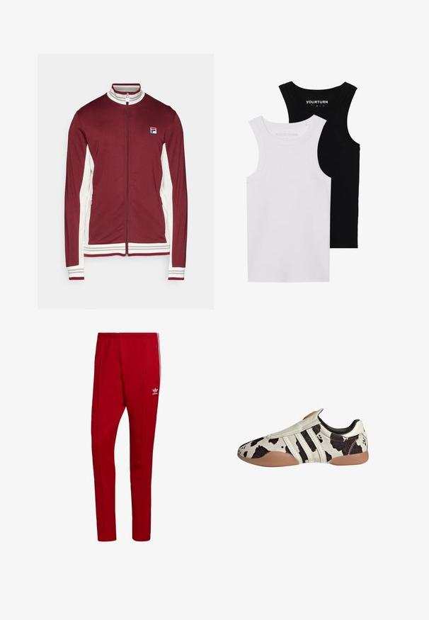 Fila JACKET BJÖRN - Training jacket - cabernet/white alyssum; Two fitted tank tops in black and white. Made of ribbed cotton, they feature wide straps and rounded necklines. Branding on the collar.; Red athletic pants with an elastic waistband, side zip pockets, and three white stripes down the sides. Features a small logo on the thigh.; White and black patterned leather shoes with a textured finish, featuring three white horizontal stripes and a brown rubber sole.