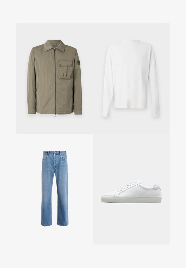 Olivno zeleni, lahko jakno z zadrgo, gumbasto prsno žep, stranskima žepoma in okroglo značko na rokavu.; Bela bombažna srajca z dolgimi rokavi in okroglo ovratnikom, z bočnimi razporki na dnu in gladko teksturo, prikazana s hrbtne strani.; Svetlo modre denim kavbojke s ravno nogavico, petimi žepi, z gumbom za zapiranje, minimalnim zbledelostjo in kontrastnimi šivi.; Bela športna obutev z gladkim usnjenim zgornjim delom in nizkim profilom. Ima zaokrožen nos, šest lukenj za vezalke in teksturiran gumijast podplat.