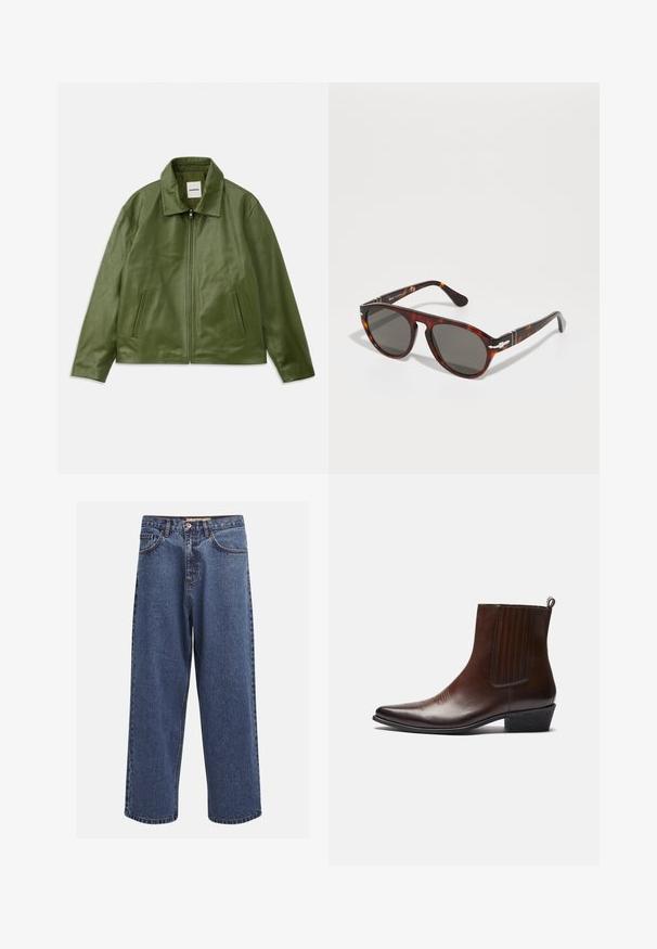 Grüne Lederjacke mit Reißverschluss, Kragen, zwei Seitentaschen und glatter Textur. Einfaches, modernes Design ohne Muster.; Blau-weiß gestreifte Hemdbluse mit Kragen, langen Ärmeln und kleinem Logo auf der Brust. Glattes Material, klassischer Schnitt.; Weite blaue Denim-Jeans mit einem verblassten Finish, ausgestattet mit einem Knopfverschluss, fünf Taschen und kontrastierenden Nähten entlang der Säume.; Braune Leder-Ankle-Boots mit spitzer Spitze, elastischen Seitenteilen, strukturierten Details auf der Vorderseite und einem niedrigen, gestapelten Absatz.; Schildkrötensonnenbrille mit grauen Gläsern. Glatter Kunststoffrahmen, runde Form, metallische Akzente an den Bügeln. Lichtreflektierende Oberfläche.