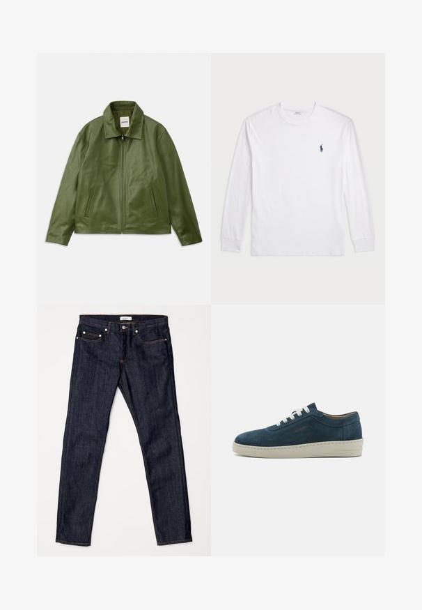 Giubbotto di pelle verde con chiusura a zip, collo classico, due tasche laterali e una texture liscia. Design semplice e moderno senza fantasie.; T-shirt bianco a maniche lunghe realizzato in cotone. Presenta un collo rotondo, polsini a coste e un piccolo logo in blu navy del polo sul lato sinistro del petto.; Jeans in denim blu scuro con un design a gamba dritta, dotati di vita media, cuciture arancioni a contrasto e una classica configurazione a cinque tasche.; Sneaker in suede blu con punta arrotondata, lacci bianchi e suola in gomma. Presenta cuciture sottili e un'accents branded sul lato.