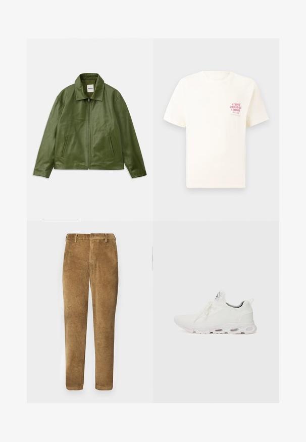 Roheline nahktagi, millel on tõmblukk, kaelusega krae, kaks küljetaskut ja sile pind. Lihtne, modernne disain, ilma mustrita.; Valge lühikeste varrukatega T-särk, millel on vasakul rinnal punane tekst "Studio Originals Edition", esitatud neutraalsel hallil taustal.; Pruunid korduroy püksid vertikaalse ribakonstruktsiooniga, sirge lõikega, nööbiga kinnitamine ja vöörihmadega. Sile kangas pehme viimistlusega.; Valged sportijalatsid, millel on tekstuuriga kudum peal, lame paelad ja pehmendatud tallad nähtavate õhukambritega täiendava toe jaoks.