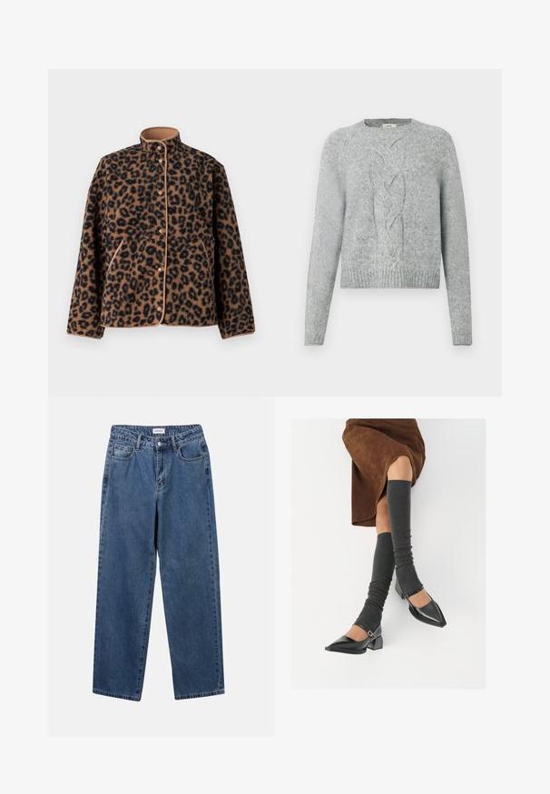 JJXX JXVERA JACKET - Jakna od flisa - multi coloured; Svijetlosivi pleteni pulover s dugim rukavima, okruglim izrezom i središnjim uzorkom pletenice sprijeda.; Klasične plave traperice s ravnim nogavicama, pet džepova i dugmadom za zatvaranje. Imaju srednje pranje i čvrstu teksturu.; Crne lakirane cipele s šiljastim prstima, blok-petom i remenom oko gležnja, uparene s sivim rebrastim čarapama do koljena i smešnom suknjom od antilopa.