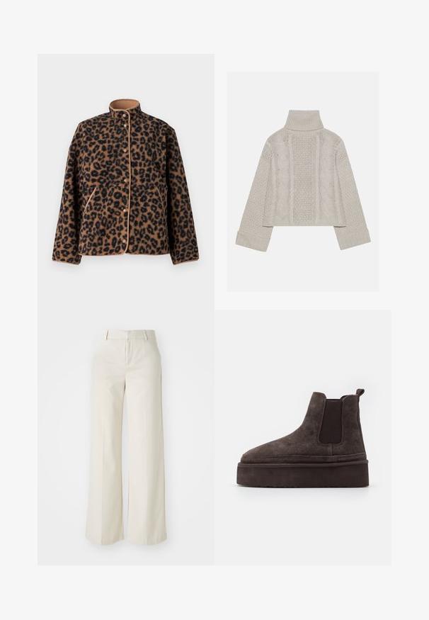 JJXX JXVERA  - Fliisjakk - multi coloured; Lühendatud, heledast hallist kudumist valmistatud sviiter kõrge kraega ja ribidega mansettidega, millel on tekstuursed nööri mustrid seljal ja külgedel.; Laiad püksid helesbežis värvitoonis, valmistatud siledast kangast. Omavad klassikalist vööd ja siledat fronti puhaste joontega.; Pruunid suede Chelsea saapad elastsete külgpaneelidega ja paksu, tekstureeritud platvormitald. Omab kandmismugavuse jaoks kandaabi kandmisel.