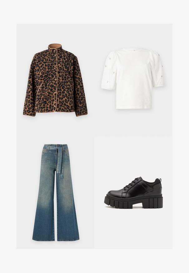 JJXX JXVERA TEDDY - Flīsa jaka - multi coloured; Balta kokvilnas t-kreklu ar īsām puff piedurknēm, ar nelieliem sudraba rotājumiem gar piedurknēm. Klasisks apaļš izgriezums, brīvā piegriezuma.; Platām kājām džinsu bikses ar gaismas līdz tumši zilam gradientam, augstu jostas līniju, jostas cilpām un atbilstošu auduma jostu. Tekstūrēts džinsas apdare.; Melnas ādas platformas kurpes ar masīvu bloku papēdi, apaļu purngalu un tradicionālu saistīšanas dizainu. Izceļas ar gludu tekstūru un minimālu apdari.