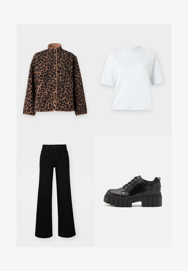 JJXX JXVERA TEDDY - Casaco polar - multi coloured; T-shirt azul claro de mangas curtas, feita de algodão macio. Apresenta um decote redondo clássico e um corte descontraído, sem padrões ou detalhes.; Calças largas pretas em denim, com uma cintura estruturada, passantes para cinto e bolsos frontais. Textura suave com um design clássico.; Sapatos de plataforma em couro preto com um salto bloco robusto, bico redondo e design clássico de atacadores. Apresentam uma textura suave e detalhes mínimos.