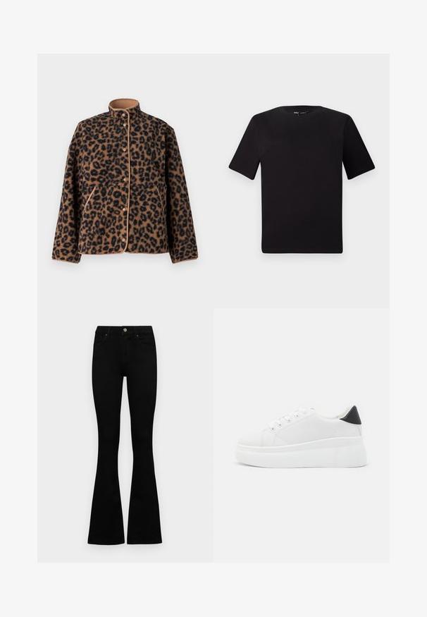 JJXX JXVERA TEDDY - Giacca in pile - multi coloured; T-shirt nera a maniche corte con scollatura rotonda, realizzata in morbido cotone. Design semplice, senza loghi o motivi visibili.; Jeans neri a vita alta con chiusura a bottoni e zip, tasche frontali e gambali svasati, distesi su uno sfondo bianco.; Sneakers platform bianchi realizzati in materiale sintetico liscio, con punta arrotondata, design con lacci e suola in gomma texture. Accento nero nel tallone.