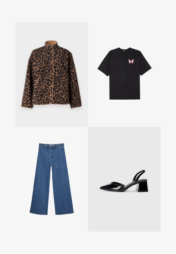 JJXX JXVERA TEDDY - Giacca in pile - multi coloured; T-shirt nera in cotone con maniche corte, caratterizzata da una piccola grafica di una farfalla rosa sul lato sinistro del petto. Design a girocollo con una vestibilità rilassata.; Jeans in denim a gamba larga di blu medio, con vita alta, chiusura con bottone e dettagli delle cuciture verticali a contrasto lungo la parte anteriore.; Décolleté in vernice nera con punta affusolata e tacco in geometria cubica. Presentano un design elegante e minimalista, con una texture liscia.