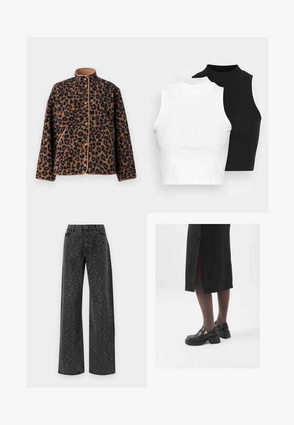 JJXX JXVERA TEDDY - Fleece jacket - multi coloured; Two sleeveless ribbed turtleneck tops in black and white, featuring a fitted design and smooth texture, with cropped length.; Noisy May NMJANNEL LOOSE - Relaxed fit jeans - black denim; Black leather shoes with a rounded toe, thick block heel, and elastic side accents, paired with dark tights and a black skirt with a slit.